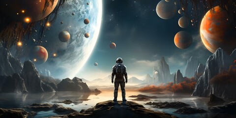 Wall Mural - contemporary art collage of astronaut floating with solar system planets in background. concept digi