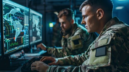 Two men in military uniforms are working on a computer monitor, control center at a military base
