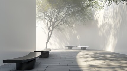 Wall Mural - Minimalist benches arranged in a semicircle, inviting visitors to pause and contemplate. 