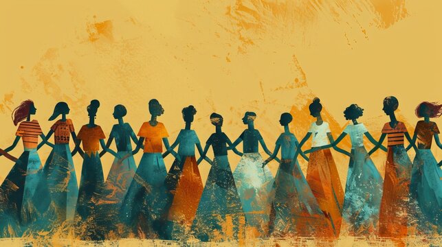 On the 8th of March, Women's Day is celebrated globally. A group of women stand together, holding hands in solidarity, depicted in a modern illustration.