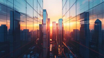 3d rendering of modern city skyline with skyscrapers and reflection on glass windows during sunset. business concept background, abstract futuristic urban landscape