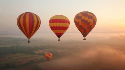  Serene view of hot air balloons ascending at dawn with mist over the pastoral landscape offering a sense of adventure and tranquility