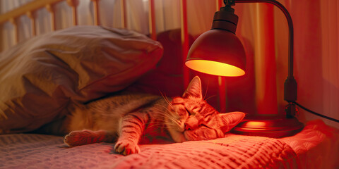 The Flickering Sign of Life: A desk lamp casting a warm red glow on a cozy bed and a sleepy cat. 