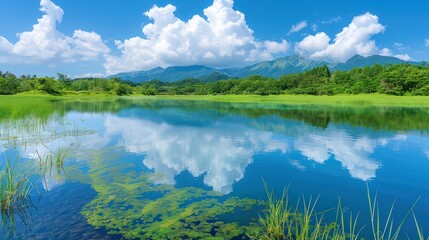 Wall Mural - A serene landscape with a clear blue lake reflecting the white clouds and blue sky, surrounded by lush greenery and mountains in the background