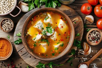 Canvas Print - Fish soup with fresh ingredients and spices on a wooden background