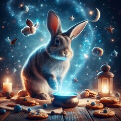 A rabbit's magic, A whimsical portrait of a rabbit popping out of a magician's hat, set against a mystical, dark studio backdrop with twinkling lights