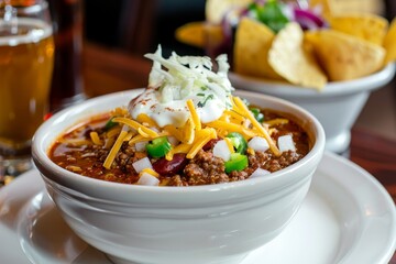 Wall Mural - Five alarm chili with ground beef peppers onions slow cooked served with cheddar cheese and fried tortillas Southern cuisine