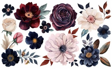 Wall Mural - Watercolor illustration of red, burgundy roses with leaves, branches, Botanic illustration on white background.