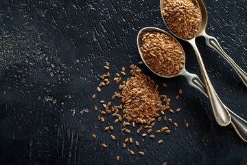 Sticker - Flax seeds in spoons on dark background with natural light and selective focus top view