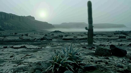 Wall Mural -   A lone cactus stands amidst the arid expanse of a desert, its silhouette framed against the hazy, misty sky In the far distance, the