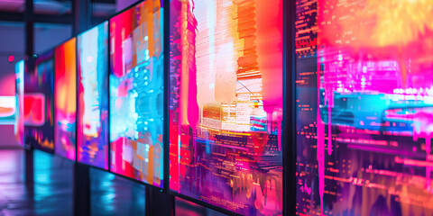 Wall Mural - The Glitched Gallery: A digital art exhibition, featuring abstract images of data corruption and code errors on large monitors.