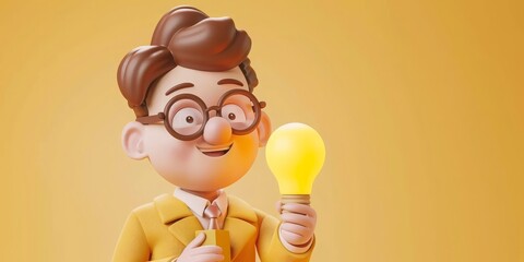 3D illustration of a cartoon businessman with glasses and a light bulb, expressing excitement about a new idea, set against a yellow background. Concept of creativity, innovation, and enthusiasm.
