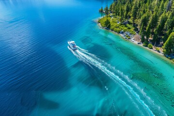 Sticker - Drone view of a boat sailing across the blue clear waters of lake Tahoe California 