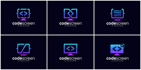 Canvas Print - Programmer logo design collection. Abstract code and monitor screen logo vector illustration.