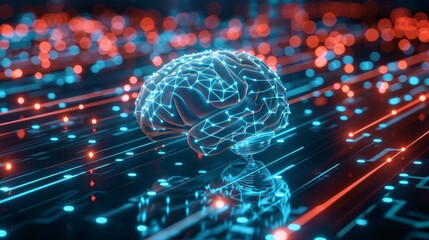 A brain is shown in a computer generated image with a red and blue background