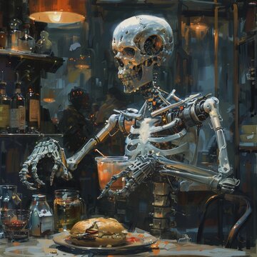 A Skeleton Enjoying A Meal In A Bar At Night