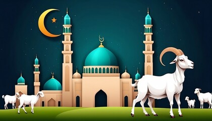 Wall Mural - eid al adha mubarak islamic festival bakrid mosque background with goat social media wishing banner or poster vector illustration generative ai