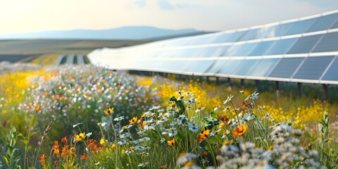 Wall Mural - Wildflowers as ground cover in front of solar panels at a power plant. Concept Wildflowers, Ground Cover, Solar Panels, Power Plant, Environmental Conservation