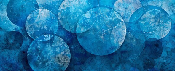 Wall Mural - Old geometric pattern paper with faded distressed vintage grunge texture, blue background with white circles