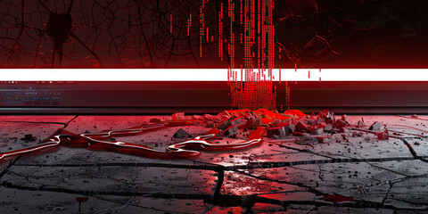 Bleeding red code from computer cracked streaked computer screen coding.