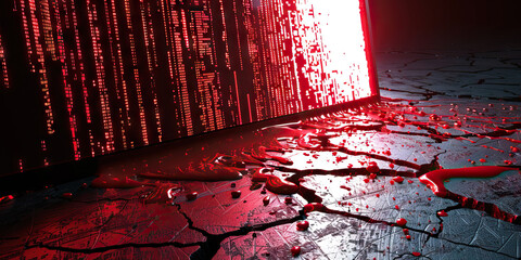 Bleeding red code from computer cracked streaked computer screen coding.