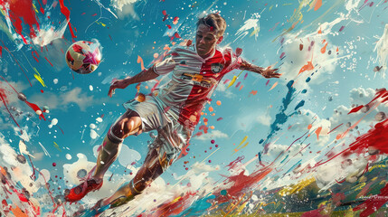 Wall Mural - Soccer player in action with ball on stadium field during game, athlete in red and white on abstract background. Concept of play, kick, art, sport, football