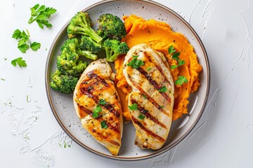 Poster - Grilled chicken with mashed sweet potato and stir fry broccoli Healthy lunch menu Top view on white background