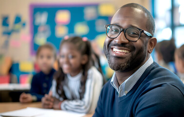 smiling black male teacher against the background of students involved in primary school education, ideal for school advertising materials, educational campaigns and teacher recruitment announcements.