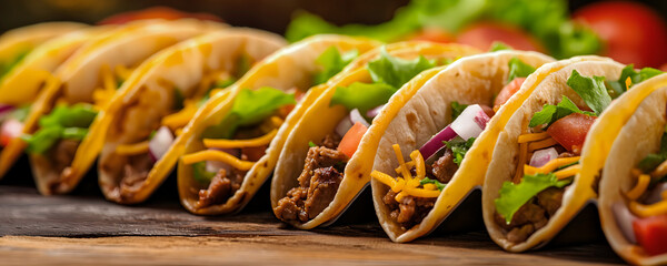 traditional Mexican taco with ground beef, corn and tomato on a wooden table. A homemade dish suitable for cooking magazines and recipe apps