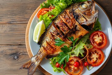 Canvas Print - Grilled tilapia on wooden background delicious Thai food