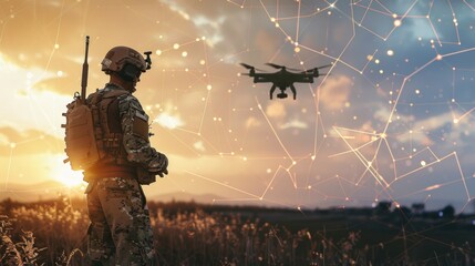 A man in a military uniform stands in a field with a drone flying overhead