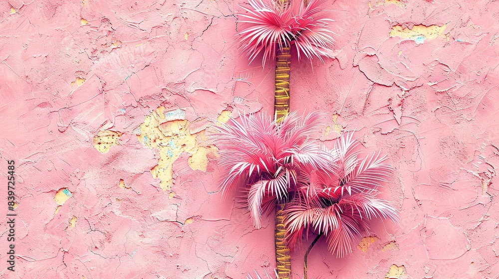 A pink wall with two palm trees on the left and a peeling pink wall on ...