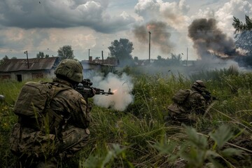 Wall Mural - A man in a military uniform is firing a weapon in a field