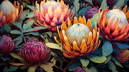 A lively African-style illustration of protea flowers with bold colors   