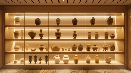 Wall Mural - Subtle, recessed lighting highlighting the fine details of a collection of rare, antique vases arranged on floating shelves. 
