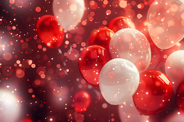 Wall Mural - Generative AI illustration of festive Christmas and vibrant red and white celebration balloons surrounded with glitter and bokeh lights background