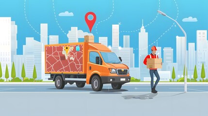 Wall Mural - Express delivery truck with man is carrying parcels on points. Concept online map, tracking, service. Vector illustration.
