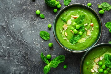 Wall Mural - Healthy vegan broccoli and pea puree soup topped with mint leaves and almonds Top view with copy space