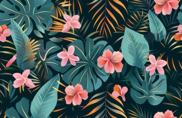 Tropical pattern with flowers and leaves in pastel colors