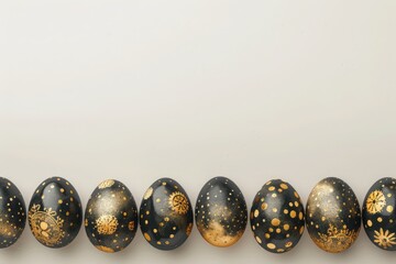 easter eggs lying in a row with black and gold decor against a plain background