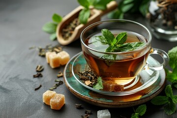 Sticker - Hot tea with cane sugar dry tea leaves and mint