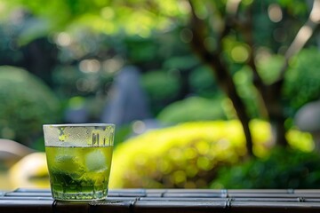 Sticker - Iced green tea with a view of the garden Traditional Japanese summer beverage