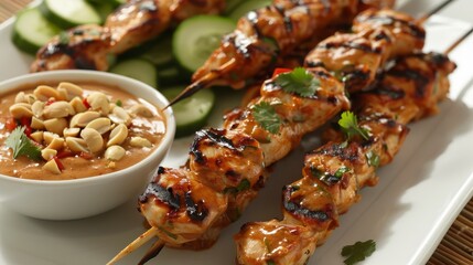 A beautifully arranged plate of Thai chicken satay skewers with a peanut dipping sauce and fresh cucumber salad 