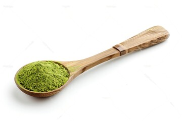 Wall Mural - Isolated white background wooden spoon with matcha powder