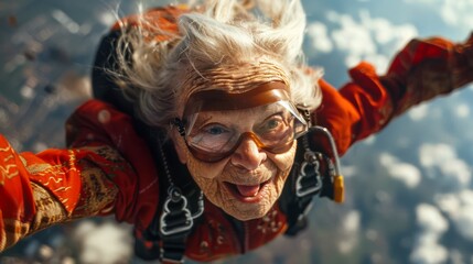 Poster - 35mm film full body photo of an old woman sticking her tongue out as she is sky diving at gforce, generated with AI