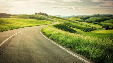 A picturesque winding road extends far into the distance surrounded by verdant landscapes and soft undulating hills with a clear sky overhead, generated with AI