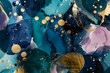 © Areesha - Modern abstract background, blue gold green purple and pink watercolor blobs and blotches with speckled spatter dots and spots in black and gold art pattern in mid century circles style design
