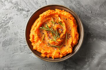 Canvas Print - Mashed sweet potato in bowl on grey surface