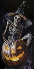 Wall Mural - Halloween theme pumpkin with glowing eyes and skeleton wearing witch hat dark background hyper realistic oil painting, generated with AI