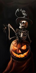 Wall Mural - Halloween theme pumpkin with glowing eyes and skeleton wearing witch hat dark background hyper realistic oil painting, generated with AI